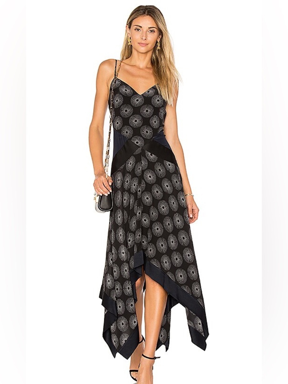 Diane Von Furstenberg Black Patterned Asymmetrical Slip Dress Size 4 100% Silk - Picture 1 of 16